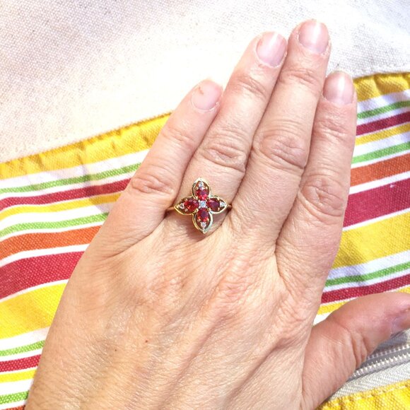 Tanzanian Ruby & White Zircon 9K Yellow Gold Ring Genuine Gemstones July - Picture 12 of 14